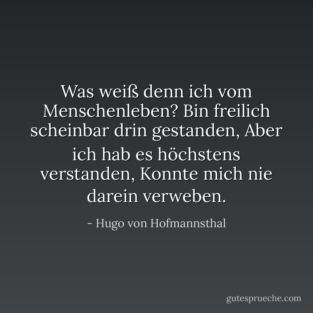 Was weiß denn ich vom Menschenleben?<br />Bin freilich scheinbar drin gestanden,<br />Aber ich hab es höchstens verstanden,<br />Konnte mich nie darein verweben. - Hugo von Hofmannsthal