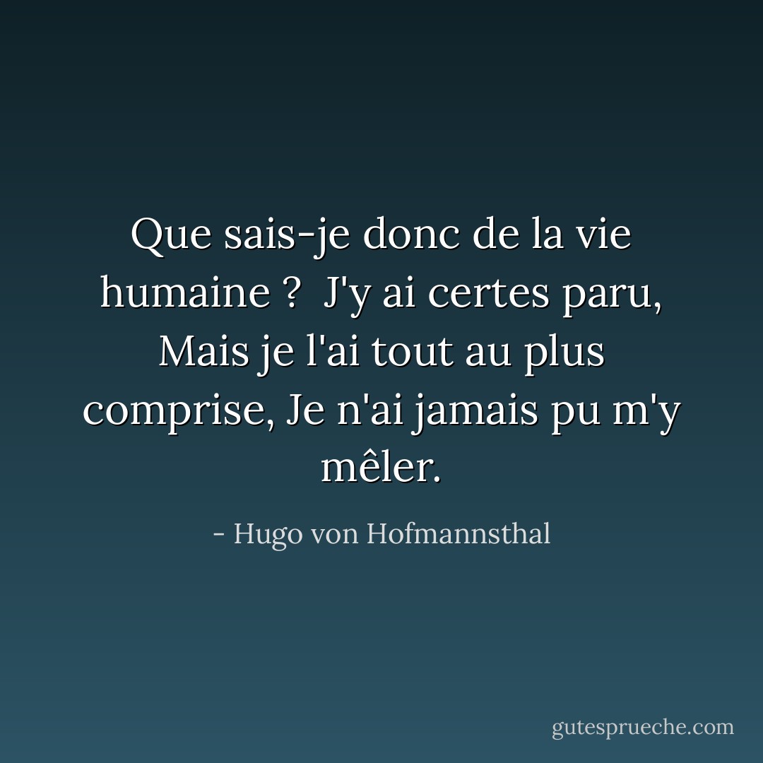Que sais-je donc de la vie humaine ? <br />J'y ai certes paru,<br />Mais je l'ai tout au plus comprise,<br />Je n'ai jamais pu m'y mêler. - Hugo von Hofmannsthal