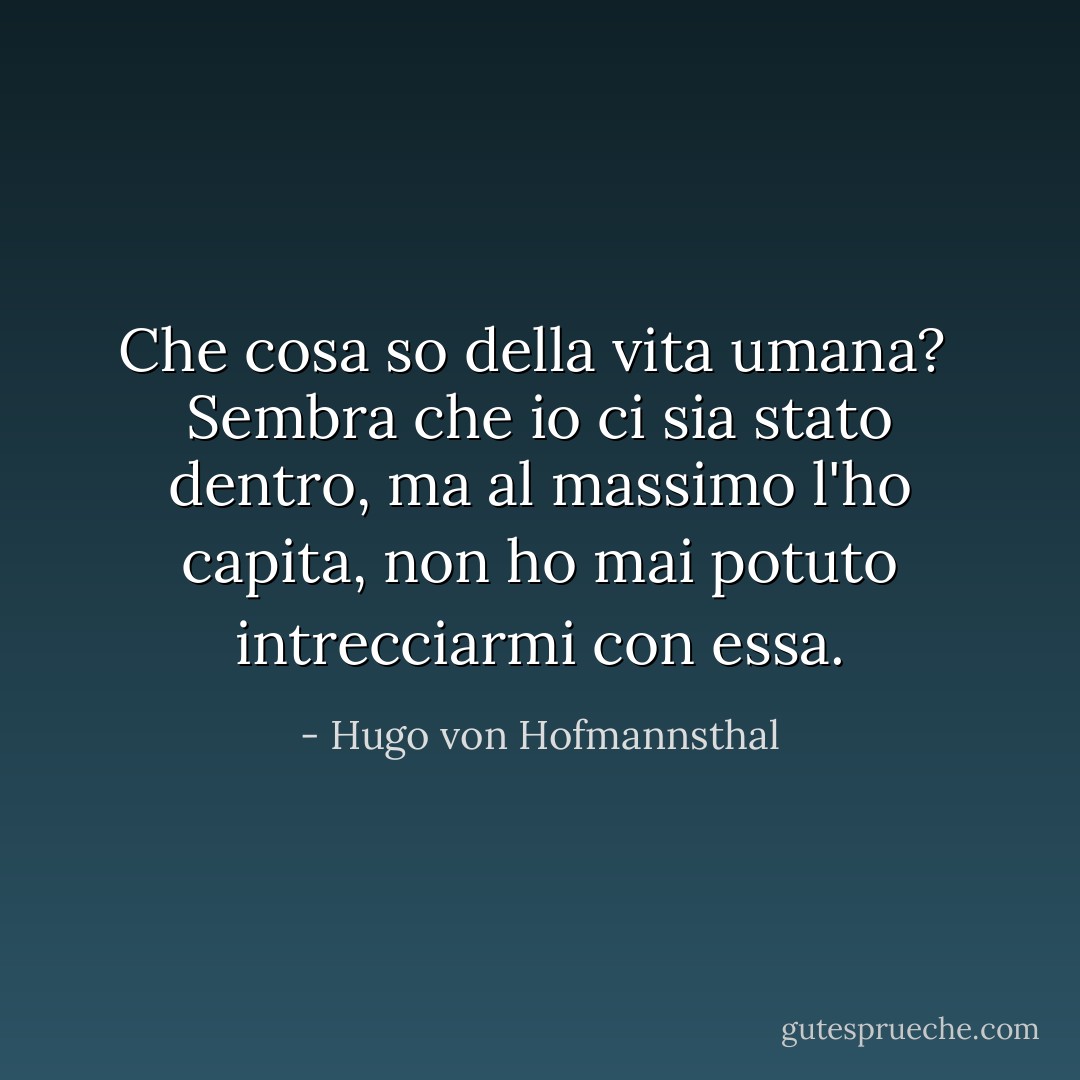 Che cosa so della vita umana? <br />Sembra che io ci sia stato dentro,<br />ma al massimo l'ho capita,<br />non ho mai potuto intrecciarmi con essa. - Hugo von Hofmannsthal