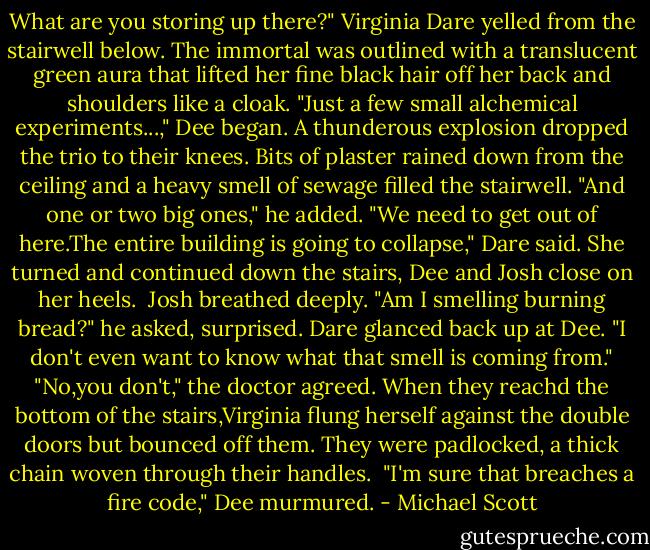 What are you storing up there?" Virginia Dare yelled from the stairwell below. The immortal was outlined with a translucent green aura that lifted her fine black hair off her back and shoulders like a cloak.<br />"Just a few small alchemical experiments...," Dee began.<br />A thunderous explosion dropped the trio to their knees. Bits of plaster rained down from the ceiling and a heavy smell of sewage filled the stairwell.<br />"And one or two big ones," he added.<br />"We need to get out of here.The entire building is going to collapse," Dare said. She turned and continued down the stairs, Dee and Josh close on her heels. <br />Josh breathed deeply. "Am I smelling burning bread?" he asked, surprised.<br />Dare glanced back up at Dee. "I don't even want to know what that smell is coming from."<br />"No,you don't," the doctor agreed.<br />When they reachd the bottom of the stairs,Virginia flung herself against the double doors but bounced off them. They were padlocked, a thick chain woven through their handles. <br />"I'm sure that breaches a fire code," Dee murmured. - Michael Scott