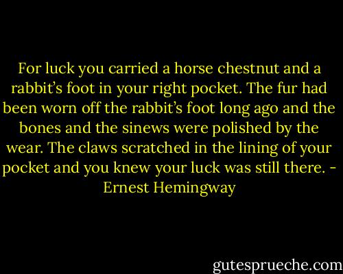 For luck you carried a horse chestnut and a rabbit’s foot in your right pocket. The fur had been worn off the rabbit’s foot long ago and the bones and the sinews were polished by the wear. The claws scratched in the lining of your pocket and you knew your luck was still there. - Ernest Hemingway