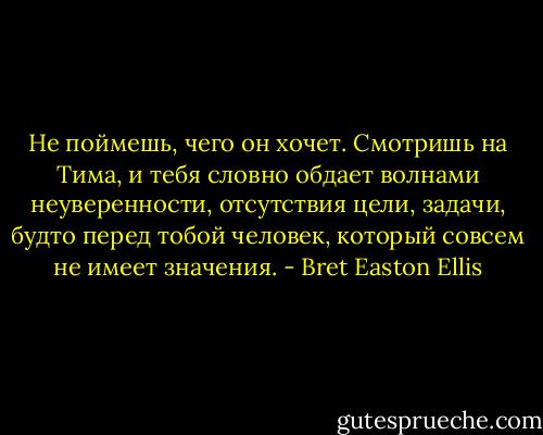 Не поймешь, чего он хочет. Смотришь на Тима, и тебя словно обдает волнами неуверенности, отсутствия цели, задачи, будто перед тобой человек, который совсем не имеет значения. - Bret Easton Ellis