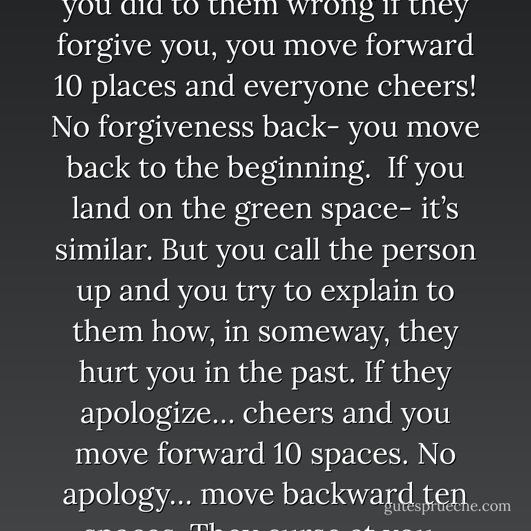 I’M SORRY<br /><br />I am developing a new board game. It’s called “I’m Sorry.” It’s also a form of “Self-Help Psychological Therapy!”<br /><br />You take turns moving around the board like Monopoly. But if you land on a Yellow or Green “I’m Sorry Space”… you have to make a Phone call. Both green and yellow cards are labeled- the same with things like: Your Ex, Parental figure, friend, co-worker, boss, children, etc. You get the point…<br /><br />If you land on the yellow space, the game stops, everyone gets quiet and you have to call that person up – on speakerphone. You apologize for something you’ve done in your past. Come on you know you are not perfect and you probably screwed up, hurt or disappointed everyone in your past at one time or another. So you call and you apologize. You explain what you did to them wrong if they forgive you, you move forward 10 places and everyone cheers! No forgiveness back- you move back to the beginning.<br /><br />If you land on the green space- it’s similar. But you call the person up and you try to explain to them how, in someway, they hurt you in the past. If they apologize… cheers and you move forward 10 spaces. No apology… move backward ten spaces. They curse at you- game over.<br /><br />In the original packaging of the yellow and green cards, are mixed in a set of “I’m Sorry Cards.” If you are lucky enough to get to pick up an “I’m Sorry Card,” it’s like a Get Out of Jail Free Card, and you don’t have to make the call.<br /><br />The only catch is that the cards come hermetically sealed. After opening up the package, and the cards are exposed to air, all of the “I’m Sorry Cards,” magically turn into “Deal With it Cards!” And so, you really never get a free ride. In reality, every time you pick up a yellow or green card, you have to- Deal with It!<br /><br />Of course you can always order a new factory set of sealed of “I’m Sorry Cards.” But they only last about 30 minutes and are very expensive, so you’ll have to play fast. Cute Game? Hey, don’t steal my idea!!! - José N. Harris