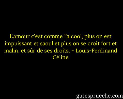 L'amour c'est comme l'alcool, plus on est impuissant et saoul et plus on se croit fort et malin, et sûr de ses droits. - Louis-Ferdinand Céline