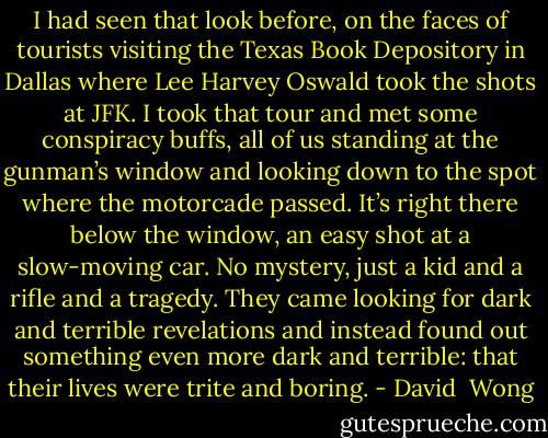 I had seen that look before, on the faces of tourists visiting the Texas Book Depository in Dallas where Lee Harvey Oswald took the shots at JFK. I took that tour and met some conspiracy buffs, all of us standing at the gunman’s window and looking down to the spot where the motorcade passed. It’s right there below the window, an easy shot at a slow-moving car. No mystery, just a kid and a rifle and a tragedy. They came looking for dark and terrible revelations and instead found out something even more dark and terrible: that their lives were trite and boring. - David  Wong