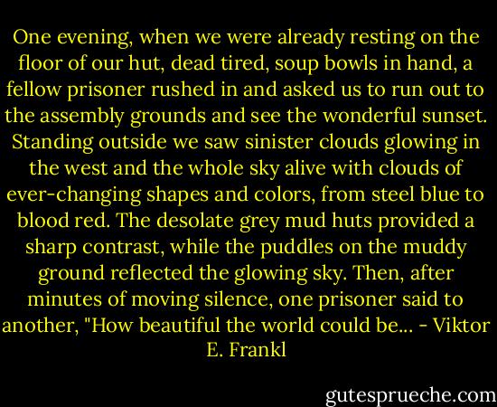 One evening, when we were already resting on the floor of our hut, dead tired, soup bowls in hand, a fellow prisoner rushed in and asked us to run out to the assembly grounds and see the wonderful sunset. Standing outside we saw sinister clouds glowing in the west and the whole sky alive with clouds of ever-changing shapes and colors, from steel blue to blood red. The desolate grey mud huts provided a sharp contrast, while the puddles on the muddy ground reflected the glowing sky. Then, after minutes of moving silence, one prisoner said to another, "How beautiful the world could be... - Viktor E. Frankl