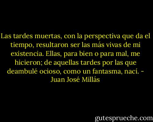 Las tardes muertas, con la perspectiva que da el tiempo, resultaron ser las más vivas de mi existencia. Ellas, para bien o para mal, me hicieron; de aquellas tardes por las que deambulé ocioso, como un fantasma, nací. - Juan José Millás