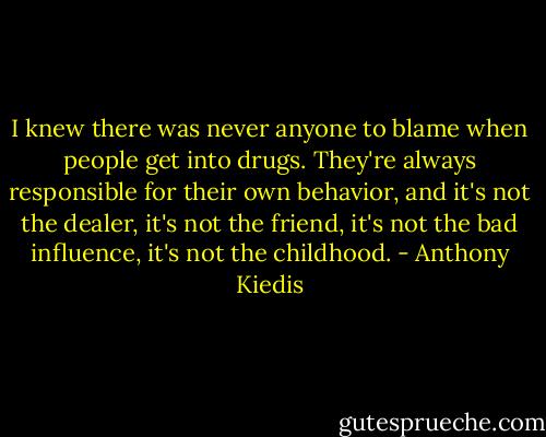 I knew there was never anyone to blame when people get into drugs. They're always responsible for their own behavior, and it's not the dealer, it's not the friend, it's not the bad influence, it's not the childhood. - Anthony Kiedis