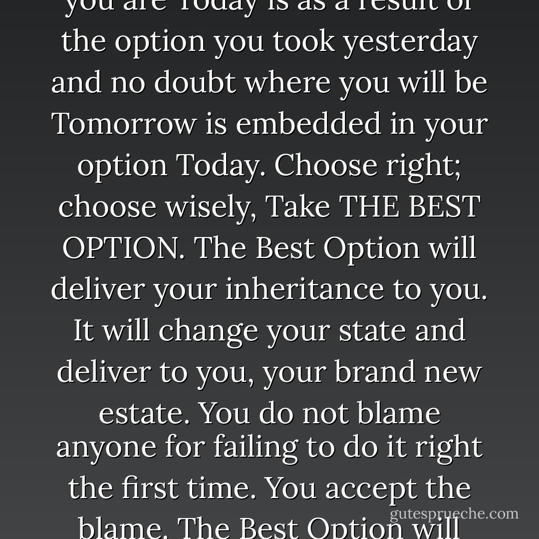 Options abound in our world. You can choose where to stay and how to stay there. Where you are Today is as a result of the option you took yesterday and no doubt where you will be Tomorrow is embedded in your option Today. Choose right; choose wisely, Take THE BEST OPTION. The Best Option will deliver your inheritance to you. It will change your state and deliver to you, your brand new estate. You do not blame anyone for failing to do it right the first time. You accept the blame. The Best Option will cause you to get it right the first time and always. - Jaachynma N.E. Agu