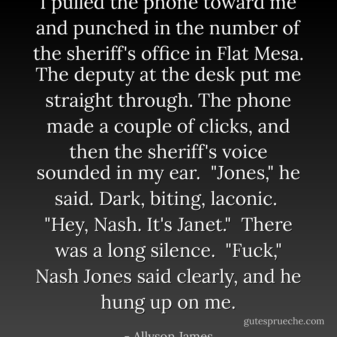 I pulled the phone toward me and punched in the number of the sheriff's office in Flat Mesa. The deputy at the desk put me straight through. The phone made a couple of clicks, and then the sheriff's voice sounded in my ear.<br /><br />"Jones," he said. Dark, biting, laconic.<br /><br />"Hey, Nash. It's Janet."<br /><br />There was a long silence.<br /><br />"Fuck," Nash Jones said clearly, and he hung up on me. - Allyson James