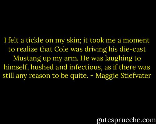 I felt a tickle on my skin; it took me a moment to realize that Cole was driving his die-cast Mustang up my arm. He was laughing to himself, hushed and infectious, as if there was still any reason to be quite. - Maggie Stiefvater