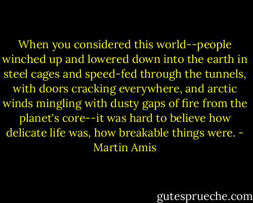When you considered this world--people winched up and lowered down into the earth in steel cages and speed-fed through the tunnels, with doors cracking everywhere, and arctic winds mingling with dusty gaps of fire from the planet's core--it was hard to believe how delicate life was, how breakable things were. - Martin Amis