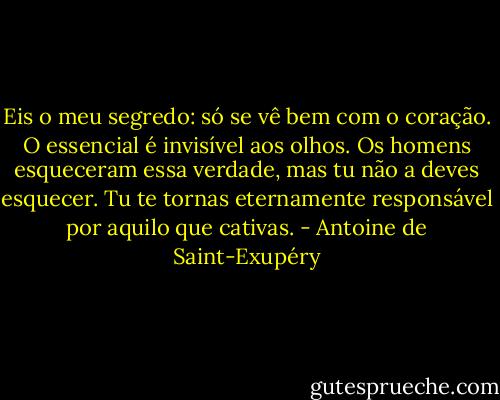 Eis o meu segredo: só se vê bem com o coração. O essencial é invisível aos olhos. Os homens esqueceram essa verdade, mas tu não a deves esquecer. Tu te tornas eternamente responsável por aquilo que cativas. - Antoine de Saint-Exupéry