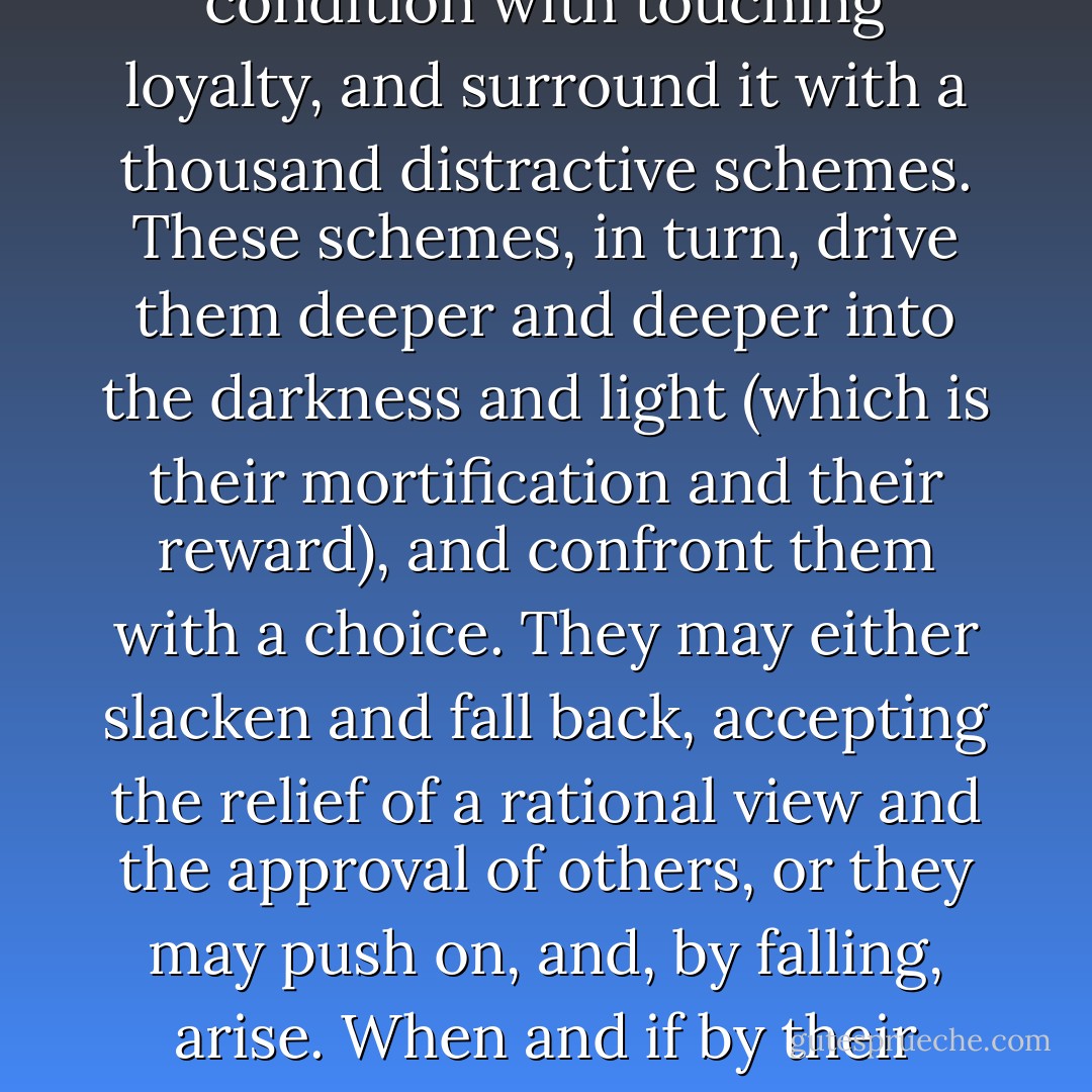 To be mad is to feel with excruciating intensity the sadness and joy of a time which has not arrived or has already been. And to protect their delicate vision of that other time, madmen will justify their condition with touching loyalty, and surround it with a thousand distractive schemes. These schemes, in turn, drive them deeper and deeper into the darkness and light (which is their mortification and their reward), and confront them with a choice. They may either slacken and fall back, accepting the relief of a rational view and the approval of others, or they may push on, and, by falling, arise. When and if by their unforgivable stubbornness they finally burst through to worlds upon worlds of motionless light, they are no longer called afflicted or insane. They are called saints. - Mark Helprin