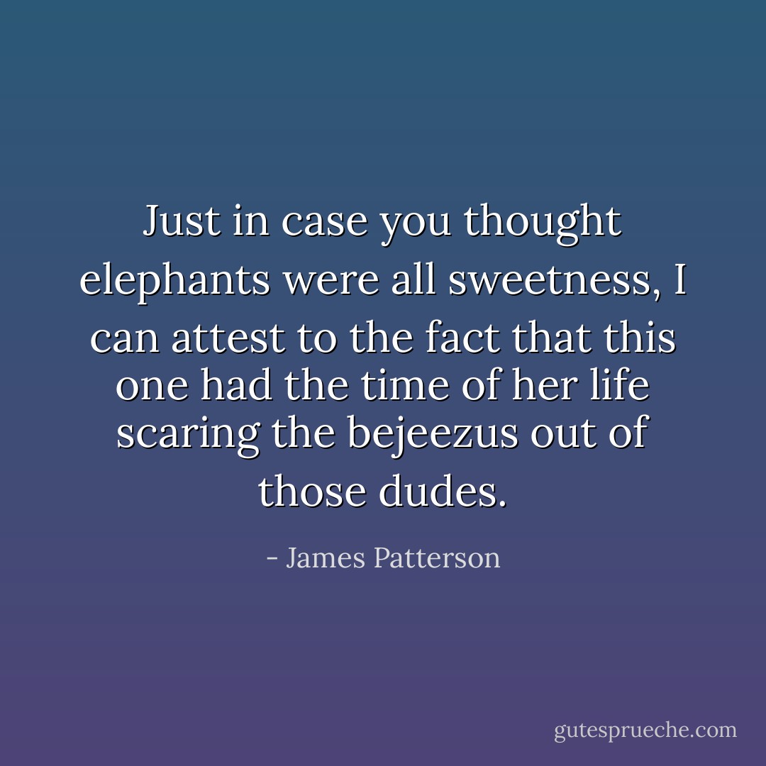 Just in case you thought elephants were all sweetness, I can attest to the fact that this one had the time of her life scaring the bejeezus out of those dudes. - James Patterson