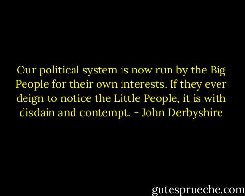 Our political system is now run by the Big People for their own interests. If they ever deign to notice the Little People, it is with disdain and contempt. - John Derbyshire