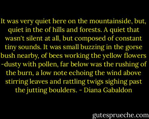 It was very quiet here on the mountainside,<br />but, quiet in the of hills and forests. A quiet that wasn't silent at all, but composed of constant tiny sounds. It was small buzzing in the gorse bush nearby, of bees working the yellow flowers -dusty with pollen, far below was the rushing of the burn, a low note echoing the wind above stirring leaves and rattling twigs sighing past the jutting boulders. - Diana Gabaldon