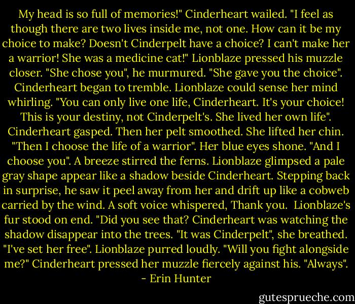 My head is so full of memories!" Cinderheart wailed. "I feel as though there are two lives inside me, not one. How can it be my choice to make? Doesn't Cinderpelt have a choice? I can't make her a warrior! She was a medicine cat!"<br />Lionblaze pressed his muzzle closer. "She chose you", he murmured. "She gave you the choice".<br />Cinderheart began to tremble. Lionblaze could sense her mind whirling. "You can only live one life, Cinderheart. It's your choice! This is your destiny, not Cinderpelt's. She lived her own life".<br />Cinderheart gasped. Then her pelt smoothed. She lifted her chin. "Then I choose the life of a warrior". Her blue eyes shone. "And I choose you".<br />A breeze stirred the ferns. Lionblaze glimpsed a pale gray shape appear like a shadow beside Cinderheart. Stepping back in surprise, he saw it peel away from her and drift up like a cobweb carried by the wind. A soft voice whispered, Thank you. <br />Lionblaze's fur stood on end. "Did you see that?<br />Cinderheart was watching the shadow disappear into the trees. "It was Cinderpelt", she breathed. "I've set her free".<br />Lionblaze purred loudly. "Will you fight alongside me?"<br />Cinderheart pressed her muzzle fiercely against his. "Always". - Erin Hunter