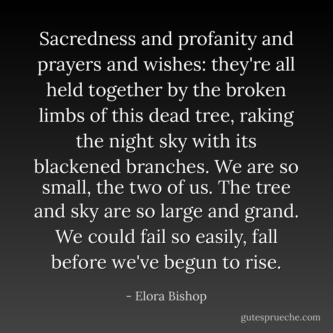Sacredness and profanity and prayers and wishes: they're all held together by the broken limbs of this dead tree, raking the night sky with its blackened branches. We are so small, the two of us. The tree and sky are so large and grand. We could fail so easily, fall before we've begun to rise. - Elora Bishop