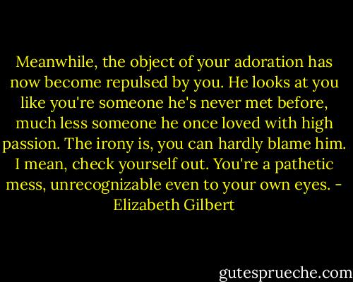 Meanwhile, the object of your adoration has now become repulsed by you. He looks at you like you're someone he's never met before, much less someone he once loved with high passion. The irony is, you can hardly blame him. I mean, check yourself out. You're a pathetic mess, unrecognizable even to your own eyes. - Elizabeth Gilbert