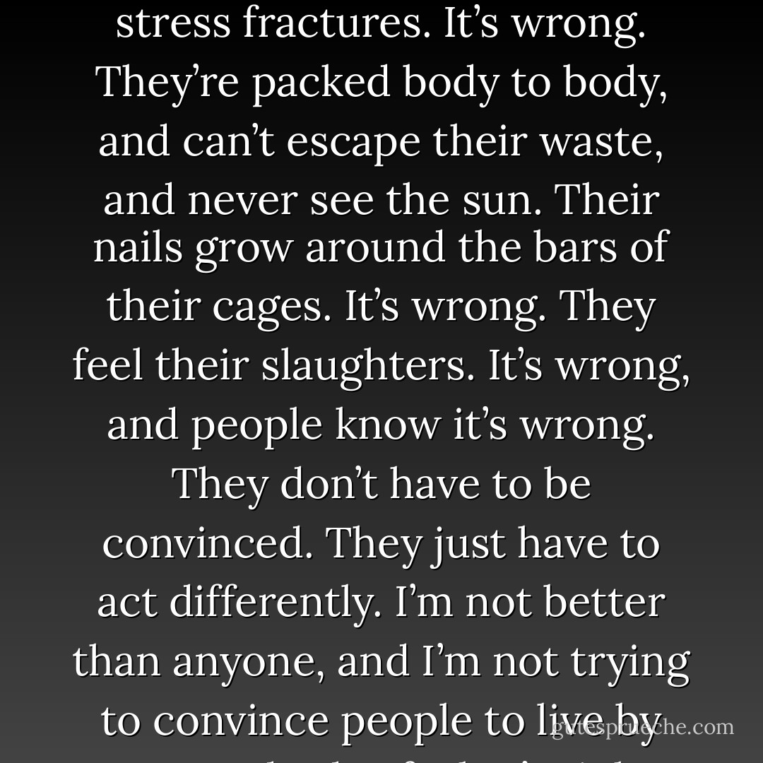 People care about animals. I believe that. They just don’t want to know or to pay. A fourth of all chickens have stress fractures. It’s wrong. They’re packed body to body, and can’t escape their waste, and never see the sun. Their nails grow around the bars of their cages. It’s wrong. They feel their slaughters. It’s wrong, and people know it’s wrong. They don’t have to be convinced. They just have to act differently. I’m not better than anyone, and I’m not trying to convince people to live by my standards of what’s right. I’m trying to convince them to live by their own. - Jonathan Safran Foer