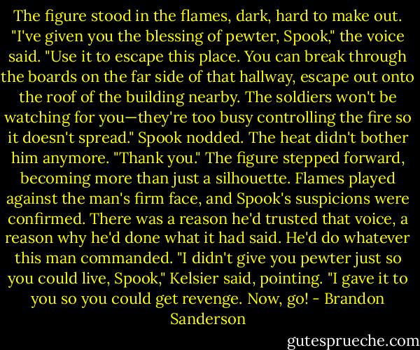 The figure stood in the flames, dark, hard to make out. "I've given you the blessing of pewter, Spook," the voice said. "Use it to escape this place. You can break through the boards on the far side of that hallway, escape out onto the roof of the building nearby. The soldiers won't be watching for you—they're too busy controlling the fire so it doesn't spread."<br />Spook nodded. The heat didn't bother him anymore. "Thank you."<br />The figure stepped forward, becoming more than just a silhouette. Flames played against the man's firm face, and Spook's suspicions were confirmed. There was a reason he'd trusted that voice, a reason why he'd done what it had said.<br />He'd do whatever this man commanded.<br />"I didn't give you pewter just so you could live, Spook," Kelsier said, pointing. "I gave it to you so you could get revenge. Now, go! - Brandon Sanderson