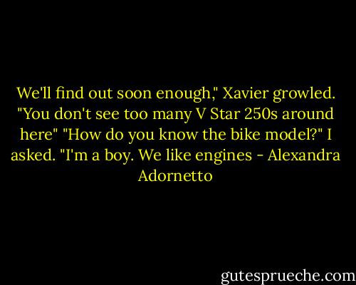 We'll find out soon enough," Xavier growled. "You don't see too many V Star 250s around here"<br />"How do you know the bike model?" I asked.<br />"I'm a boy. We like engines - Alexandra Adornetto