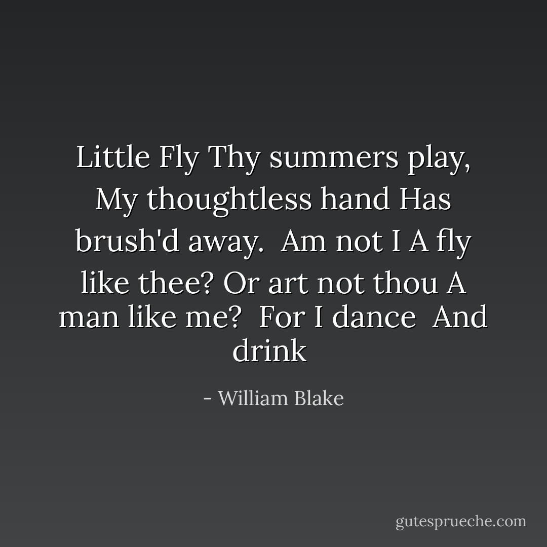 Little Fly<br />Thy summers play,<br />My thoughtless hand<br />Has brush'd away.<br /><br />Am not I<br />A fly like thee?<br />Or art not thou<br />A man like me?<br /><br />For I dance <br />And drink  - William Blake