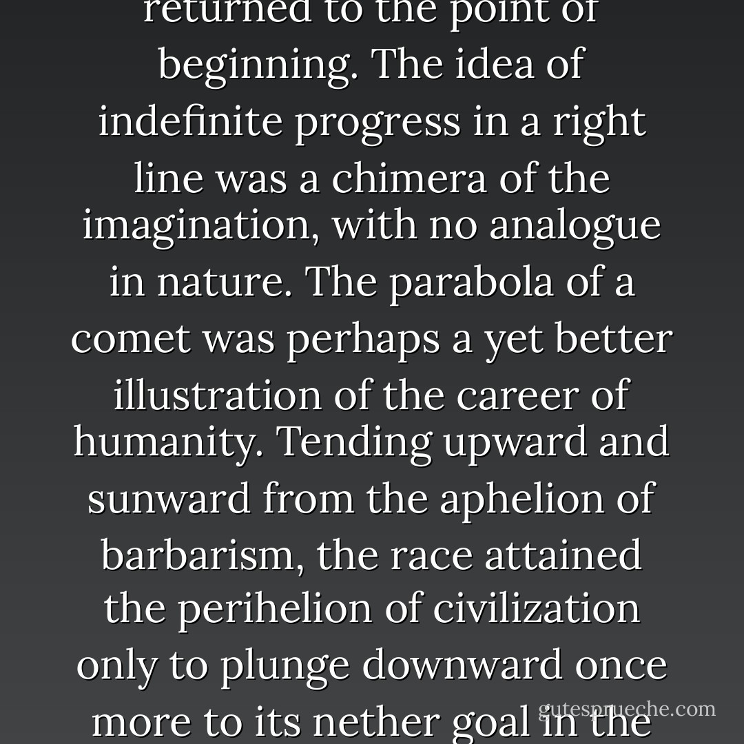 Human history, like all great movements, was cyclical, and returned to the point of beginning. The idea of indefinite progress in a right line was a chimera of the imagination, with no analogue in nature. The parabola of a comet was perhaps a yet better illustration of the career of humanity. Tending upward and sunward from the aphelion of barbarism, the race attained the perihelion of civilization only to plunge downward once more to its nether goal in the regions of chaos. - Edward Bellamy