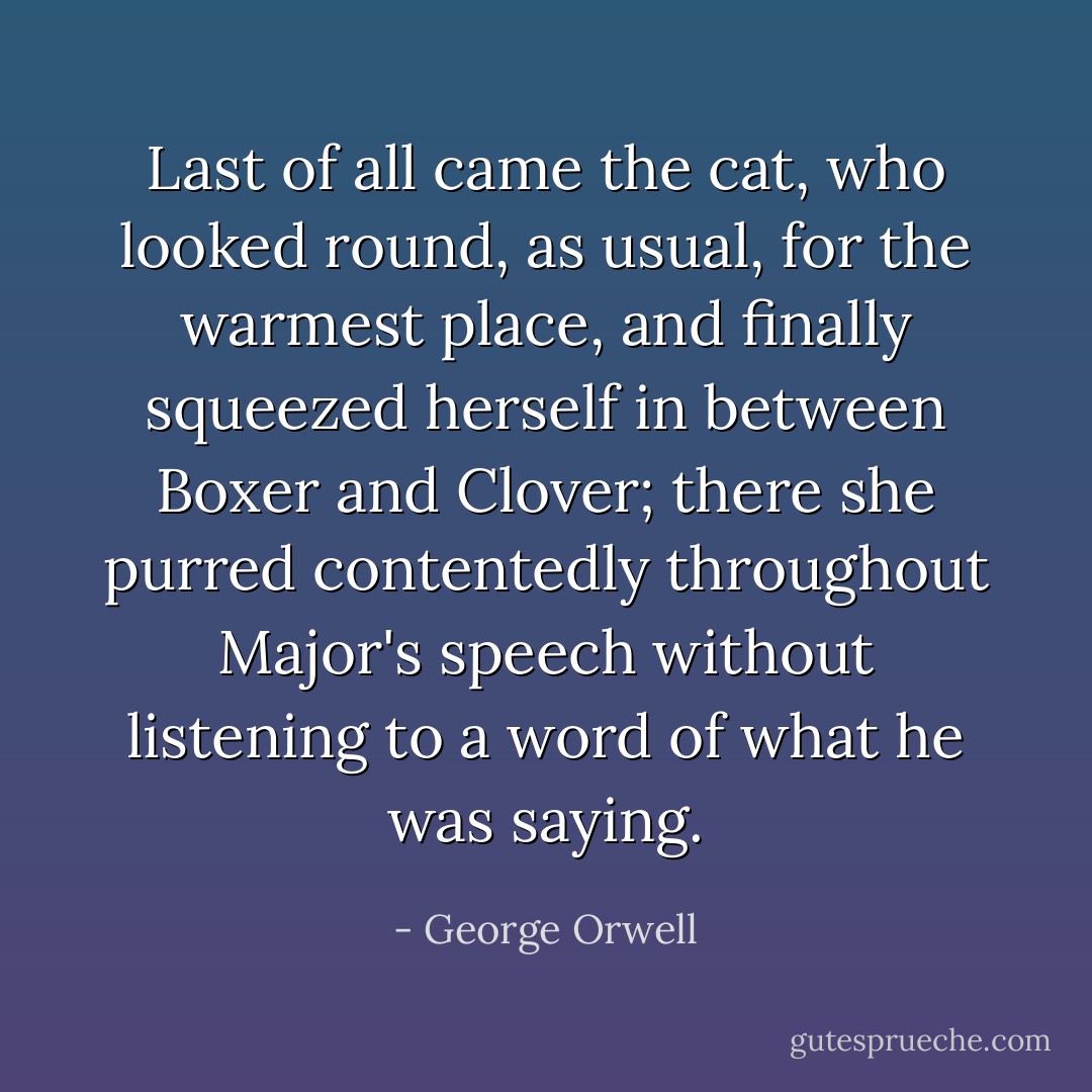 Last of all came the cat, who looked round, as usual, for the warmest place, and finally squeezed herself in between Boxer and Clover; there she purred contentedly throughout Major's speech without listening to a word of what he was saying. - George Orwell