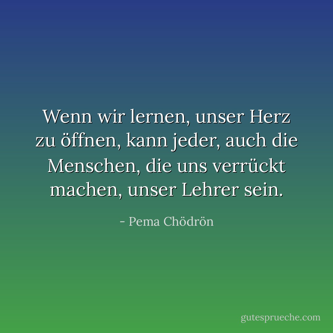 Wenn wir lernen, unser Herz zu öffnen, kann jeder, auch die Menschen, die uns verrückt machen, unser Lehrer sein. - Pema Chödrön<