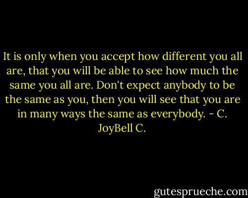 It is only when you accept how different you all are, that you will be able to see how much the same you all are. Don't expect anybody to be the same as you, then you will see that you are in many ways the same as everybody. - C. JoyBell C.