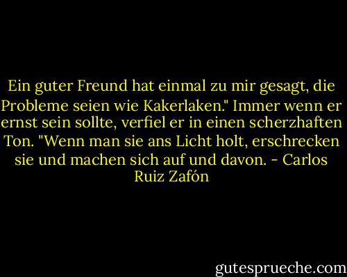 Ein guter Freund hat einmal zu mir gesagt, die Probleme seien wie Kakerlaken." Immer wenn er ernst sein sollte, verfiel er in einen scherzhaften Ton. "Wenn man sie ans Licht holt, erschrecken sie und machen sich auf und davon. - Carlos Ruiz Zafón