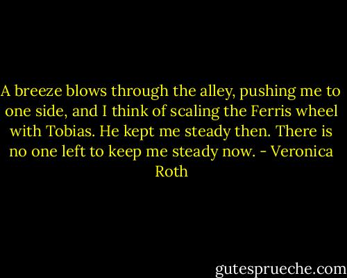 A breeze blows through the alley, pushing me to one side, and I think of scaling the Ferris wheel with Tobias. He kept me steady then. There is no one left to keep me steady now. - Veronica Roth