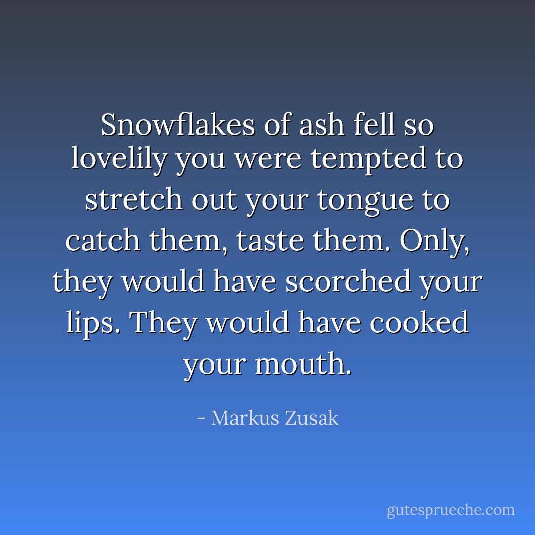 Snowflakes of ash fell so lovelily you were tempted to stretch out your tongue to catch them, taste them. Only, they would have scorched your lips. They would have cooked your mouth. - Markus Zusak