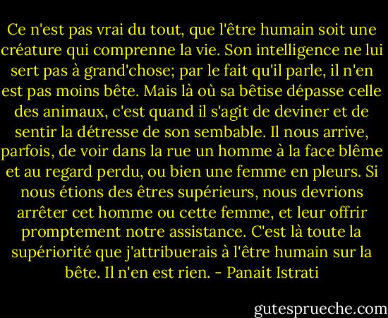 Ce n'est pas vrai du tout, que l'être humain soit une créature qui comprenne la vie. Son intelligence ne lui sert pas à grand'chose; par le fait qu'il parle, il n'en est pas moins bête. Mais là où sa bêtise dépasse celle des animaux, c'est quand il s'agit de deviner et de sentir la détresse de son sembable.<br />Il nous arrive, parfois, de voir dans la rue un homme à la face blême et au regard perdu, ou bien une femme en pleurs. Si nous étions des êtres supérieurs, nous devrions arrêter cet homme ou cette femme, et leur offrir promptement notre assistance. C'est là toute la supériorité que j'attribuerais à l'être humain sur la bête. Il n'en est rien. - Panait Istrati