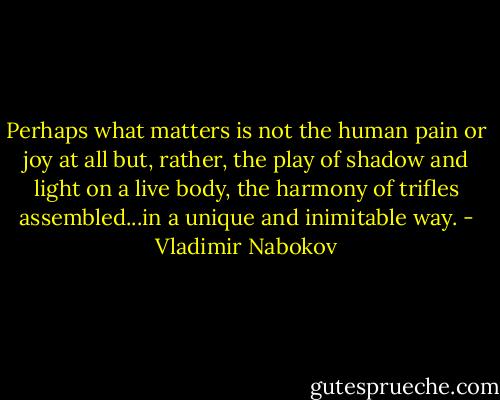 Perhaps what matters is not the human pain or joy at all but, rather, the play of shadow and light on a live body, the harmony of trifles assembled...in a unique and inimitable way. - Vladimir Nabokov
