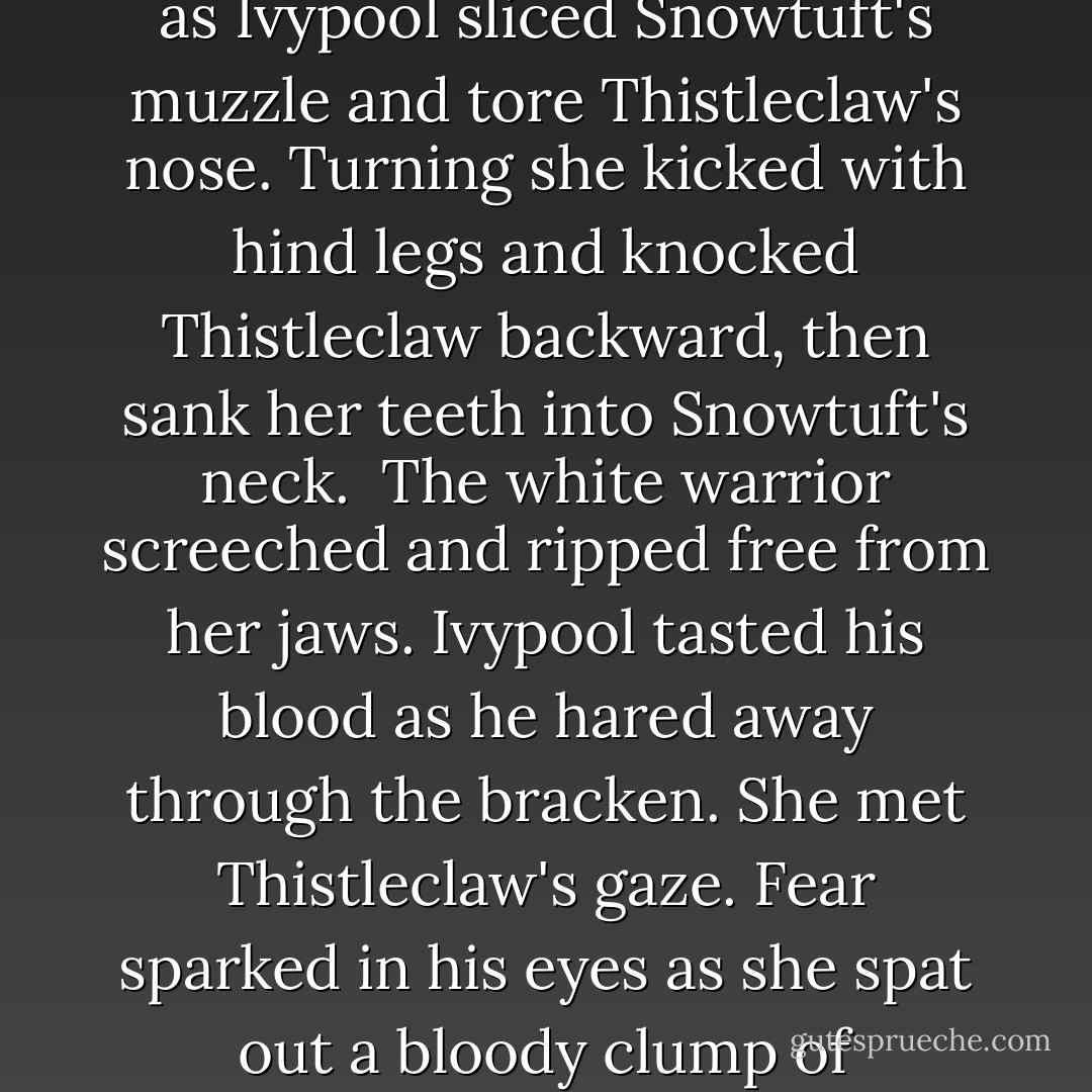 Ivypool backed away. She twisted and ducked under him as he leaped, but his claws sank into her tail and pinned her to the ground. Thistleclaw and Snowtuft attacked from opposite sides, snarling, slicing her ears. She struggled away from them, crashing into hard muscle. Hawkfrost was behind her now. He stabbed his claws into her shoulders. With a gasp, Ivypool saw his teeth flashing beside her throat. Then a black pelt flashed over the top of the gorse. Paws landed with a thump beside her.<br />"Get off her!" Hollyleaf yowled.<br />Ivypool's world spun as the black warrior slammed into Hawkfrost and sent him reeling into the gorse. Free from Hawkfrost's claws, Ivypool turned on Thistleclaw and Snowtuft. She began slashing with her front paws, remembering in a crystalline moment every moon of training. Hollyleaf reared up beside her, matching her blow for blow, as though she instinctively knew where Ivypool would strike next. Blood sprayed the forest floor as Ivypool sliced Snowtuft's muzzle and tore Thistleclaw's nose. Turning she kicked with hind legs and knocked Thistleclaw backward, then sank her teeth into Snowtuft's neck. <br />The white warrior screeched and ripped free from her jaws. Ivypool tasted his blood as he hared away through the bracken. She met Thistleclaw's gaze. Fear sparked in his eyes as she spat out a bloody clump of Snowtuft's fur.<br />"Run," she hissed. "Because if you stay, I will kill you".<br />Mouth open, Thistleclaw fled, disappearing through the gorse. A shriek exploded behind Ivypool. She turned and saw Hollyleaf swipe at Hawkfrost's muzzle. The force of the blow sent the Dark Forest warrior crashing away. He dropped with a thump and scrabbled to his paws. Blood dripping from his cheek, one eye swollen shut, he glanced at Hollyleaf and tore his way through the gorse.<br />Ivypool stared at the black she-cat. "You saved my life!"<br />Hollyleaf staggered and fell to the ground. "Hollyleaf!" Ivypool darted to her side and saw blood pulsing from a wound in her neck. Panic formed a hard lump in Ivypool's belly. Grasping Hollyleaf's scruff in her teeth, she began to half drag, half carry her Clanmate toward the ThunderClan border. Jayfeather would know what to do. <br />"I'll get you home," Ivypool growled through gritted teeth. "I promise I'll get you home". - Erin Hunter