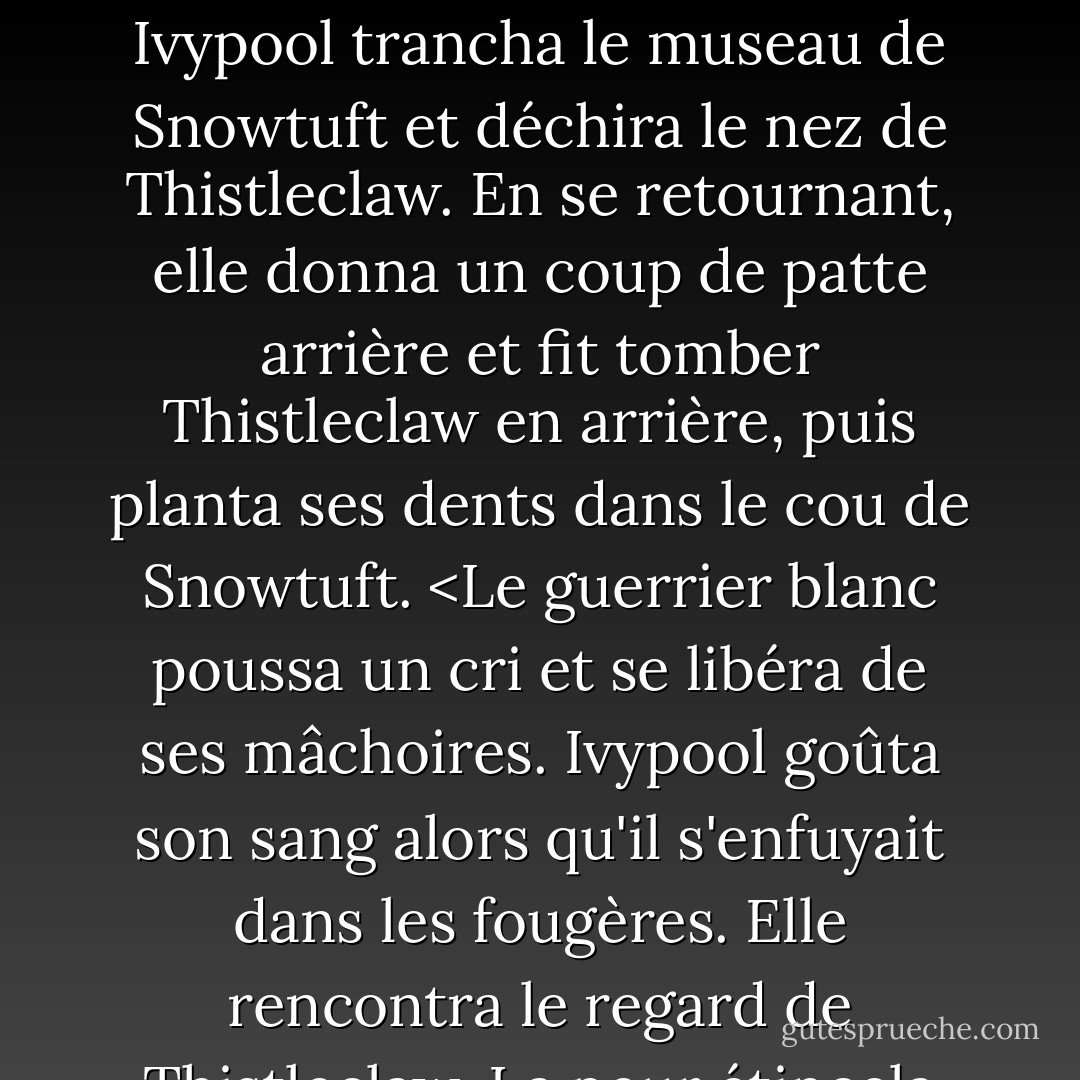 Ivypool recula. Elle se tortilla et esquiva sous lui lorsqu'il bondit, mais ses griffes s'enfoncèrent dans sa queue et la plaquèrent au sol. Thistleclaw et Snowtuft attaquèrent de part et d'autre, grognant, lui tranchant les oreilles. Elle s'éloigna d'eux en se débattant, se heurtant à des muscles durs. Hawkfrost était maintenant derrière elle. Il planta ses griffes dans ses épaules. Avec un souffle, Ivypool vit ses dents clignoter à côté de sa gorge. Puis un pelage noir passa au-dessus des ajoncs. Les pattes atterrirent avec un bruit sourd à côté d'elle.<br />"Lâchez-la !" Le monde d'Ivypool bascula lorsque le guerrier noir frappa de plein fouet Hawkfrost et l'envoya rouler dans les ajoncs. Libérée des griffes de Hawkfrost, Ivypool se tourna vers Thistleclaw et Snowtuft. Elle commença à taillader avec ses pattes avant, se souvenant en un instant cristallin de chaque lune d'entraînement. Feuille-de-Solly se dressa à côté d'elle, lui rendant coup pour coup, comme si elle savait instinctivement où Ivypool allait frapper. Le sang gicla sur le sol de la forêt lorsque Ivypool trancha le museau de Snowtuft et déchira le nez de Thistleclaw. En se retournant, elle donna un coup de patte arrière et fit tomber Thistleclaw en arrière, puis planta ses dents dans le cou de Snowtuft. <Le guerrier blanc poussa un cri et se libéra de ses mâchoires. Ivypool goûta son sang alors qu'il s'enfuyait dans les fougères. Elle rencontra le regard de Thistleclaw. La peur étincela dans ses yeux tandis qu'elle crachait une touffe sanglante de la fourrure de Snowtuft.<br />"Cours", siffla-t-elle. "La bouche ouverte, Thistleclaw s'enfuit et disparut dans les ajoncs. Un cri retentit derrière Ivypool. Elle se retourna et vit Feuille d'Houx s'abattre sur le museau d'Hawkfrost. La force du coup envoya le guerrier de la Forêt Noire s'écraser au loin. Il tomba avec un bruit sourd et se traîna jusqu'à ses pattes. Du sang coulait de sa joue, un œil était gonflé, il jeta un coup d'œil à Feuille-de-Soleil et se fraya un chemin à travers les ajoncs.<br />Ivypool fixa la chatte noire. "Tu m'as sauvé la vie ! "<br />Hollyleaf chancela et tomba au sol. "Hollyleaf ! Ivypool se précipita à ses côtés et vit du sang pulser d'une blessure dans son cou. La panique forma une boule dure dans le ventre d'Ivypool. Attrapant Hollyleaf par les dents, elle commença à traîner et à porter sa camarade de clan vers la frontière de ThunderClan. Jayfeather saurait quoi faire. <br />"Je te ramènerai à la maison", grogna Ivypool en serrant les dents. "Je te promets que je te ramènerai à la maison. - Erin Hunter