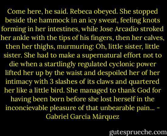 Come here, he said. Rebeca obeyed. She stopped beside the hammock in an icy sweat, feeling knots forming in her intestines, while Jose Arcadio stroked her ankle with the tips of his fingers, then her calves, then her thighs, murmuring: Oh, little sister, little sister. She had to make a supernatural effort not to die when a startlingly regulated cyclonic power lifted her up by the waist and despoiled her of her intimacy with 3 slashes of its claws and quartered her like a little bird. She managed to thank God for having been born before she lost herself in the inconcievable pleasure of that unbearable pain... - Gabriel García Márquez