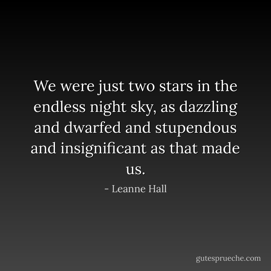 We were just two stars in the endless night sky, as dazzling and dwarfed and stupendous and insignificant as that made us. - Leanne Hall