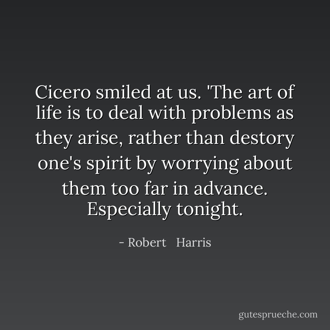 Cicero smiled at us. 'The art of life is to deal with problems as they arise, rather than destory one's spirit by worrying about them too far in advance. Especially tonight. - Robert   Harris