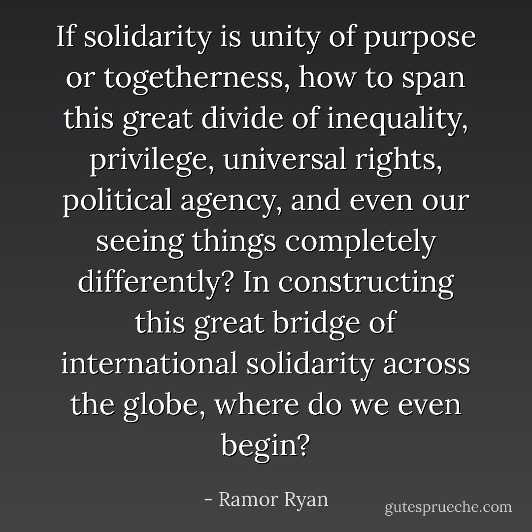 If solidarity is unity of purpose or togetherness, how to span this great divide of inequality, privilege, universal rights, political agency, and even our seeing things completely differently?<br />In constructing this great bridge of international solidarity across the globe, where do we even begin? - Ramor Ryan