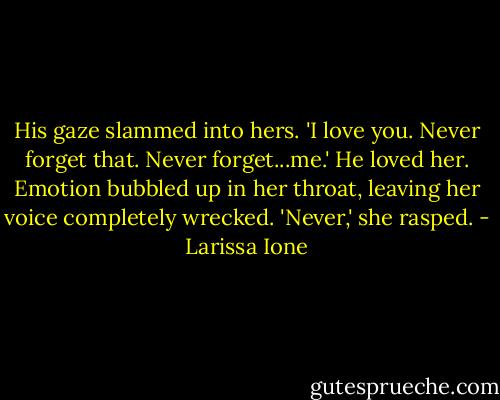 His gaze slammed into hers. 'I love you. Never forget that. Never forget...me.'<br />He loved her. Emotion bubbled up in her throat, leaving her voice completely wrecked. 'Never,' she rasped. - Larissa Ione