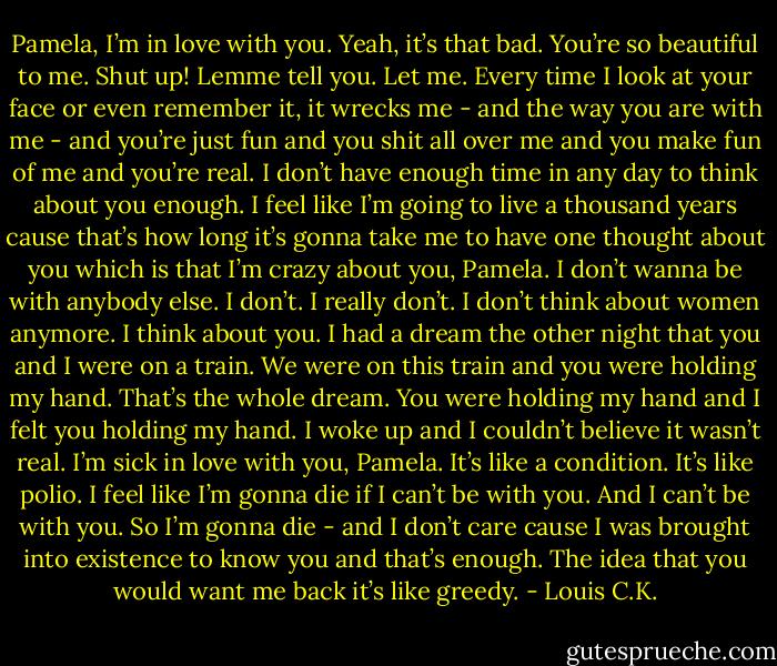 Pamela, I’m in love with you. Yeah, it’s that bad. You’re so beautiful to me. Shut up! Lemme tell you. Let me. Every time I look at your face or even remember it, it wrecks me - and the way you are with me - and you’re just fun and you shit all over me and you make fun of me and you’re real. I don’t have enough time in any day to think about you enough. I feel like I’m going to live a thousand years cause that’s how long it’s gonna take me to have one thought about you which is that I’m crazy about you, Pamela. I don’t wanna be with anybody else. I don’t. I really don’t. I don’t think about women anymore. I think about you. I had a dream the other night that you and I were on a train. We were on this train and you were holding my hand. That’s the whole dream. You were holding my hand and I felt you holding my hand. I woke up and I couldn’t believe it wasn’t real. I’m sick in love with you, Pamela. It’s like a condition. It’s like polio. I feel like I’m gonna die if I can’t be with you. And I can’t be with you. So I’m gonna die - and I don’t care cause I was brought into existence to know you and that’s enough. The idea that you would want me back it’s like greedy. - Louis C.K.