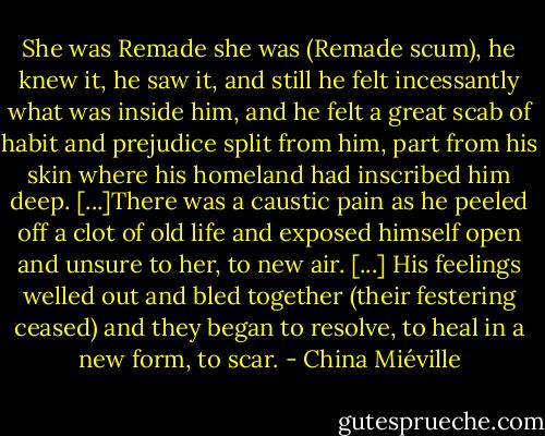 She was Remade she was (Remade scum), he knew it, he saw it, and still he felt incessantly what was inside him, and he felt a great scab of habit and prejudice split from him, part from his skin where his homeland had inscribed him deep. [...]There was a caustic pain as he peeled off a clot of old life and exposed himself open and unsure to her, to new air. [...] His feelings welled out and bled together (their festering ceased) and they began to resolve, to heal in a new form, to scar. - China Miéville