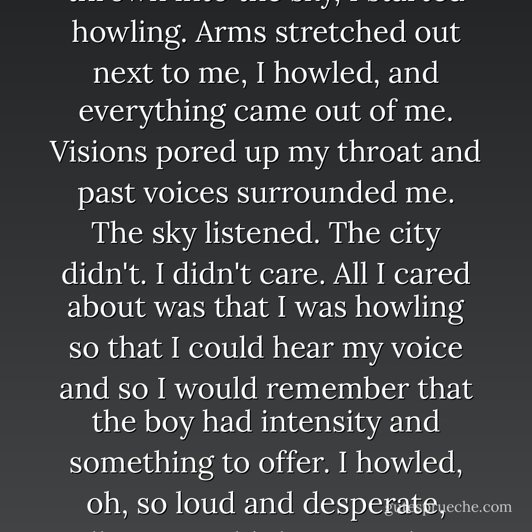 My mouth opened.<br />It happened.<br />Yes, with my head thrown into the sky, I started howling.<br />Arms stretched out next to me, I howled, and everything came out of me. Visions pored up my throat and past voices surrounded me. The sky listened. The city didn't. I didn't care. All I cared about was that I was howling so that I could hear my voice and so I would remember that the boy had intensity and something to offer. I howled, oh, so loud and desperate, telling a world that I was here and I wouldn't lie down. - Markus Zusak