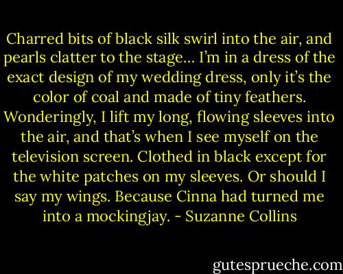 Charred bits of black silk swirl into the air, and pearls clatter to the stage… I’m in a dress of the exact design of my wedding dress, only it’s the color of coal and made of tiny feathers. Wonderingly, I lift my long, flowing sleeves into the air, and that’s when I see myself on the television screen. Clothed in black except for the white patches on my sleeves. Or should I say my wings. Because Cinna had turned me into a mockingjay. - Suzanne Collins
