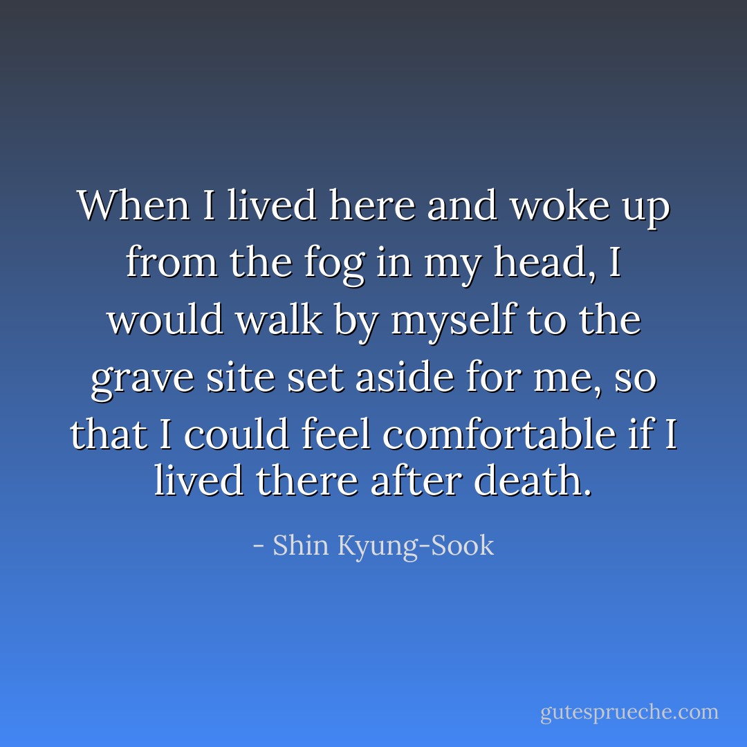 When I lived here and woke up from the fog in my head, I would walk by myself to the grave site set aside for me, so that I could feel comfortable if I lived there after death. - Shin Kyung-Sook