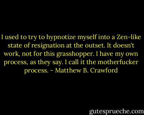 I used to try to hypnotize myself into a Zen-like state of resignation at the outset. It doesn't work, not for this grasshopper. I have my own process, as they say. I call it the motherfucker process. - Matthew B. Crawford